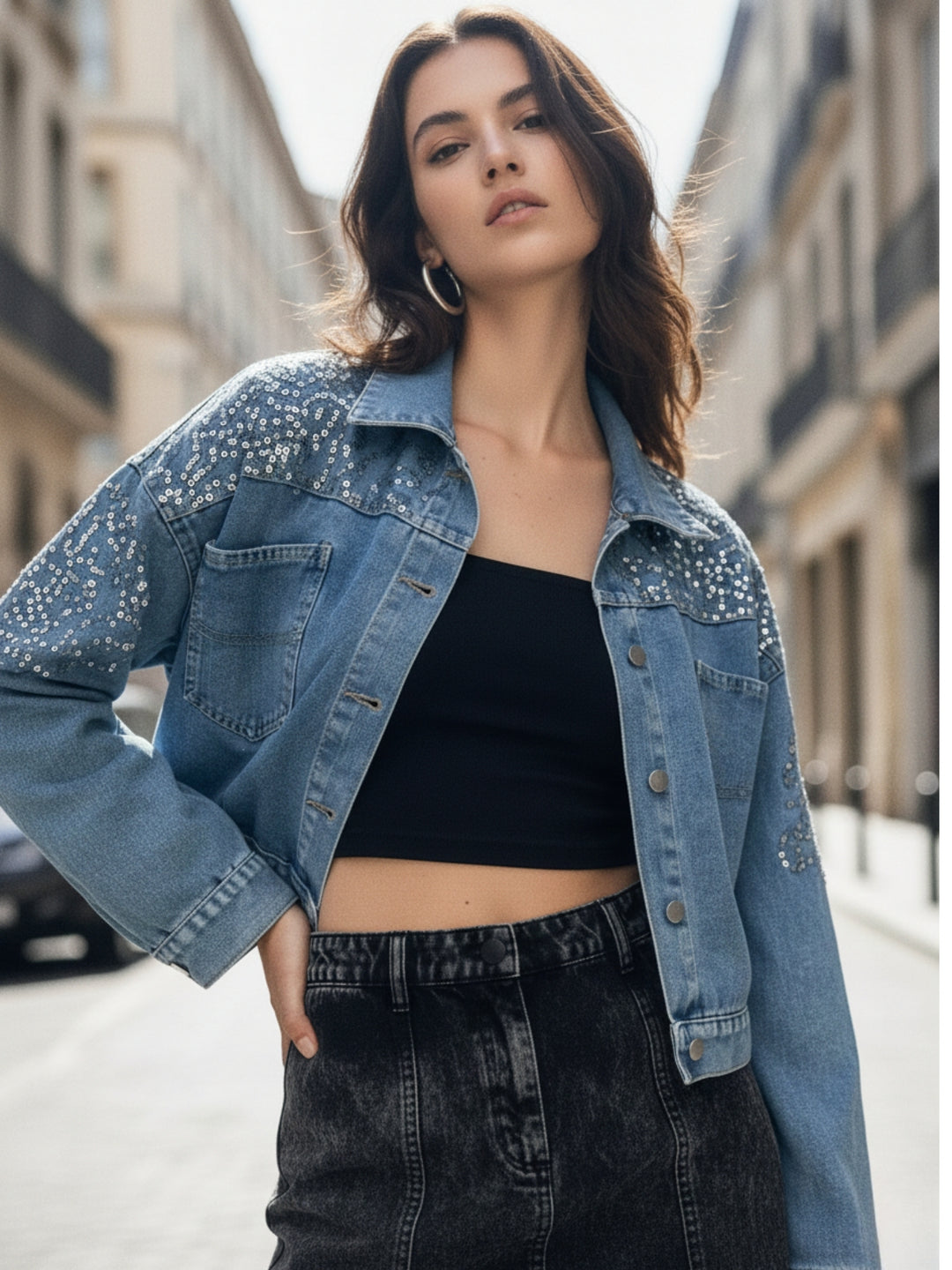 Light Blue Sequined Denim Jacket