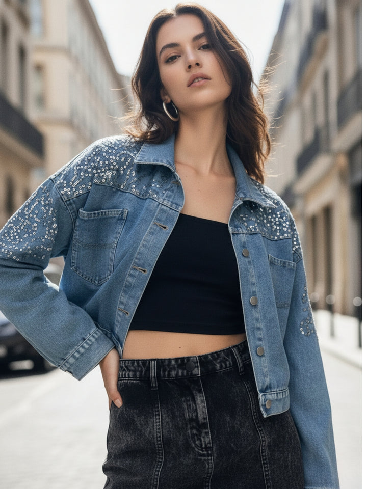 Light Blue Sequined Denim Jacket