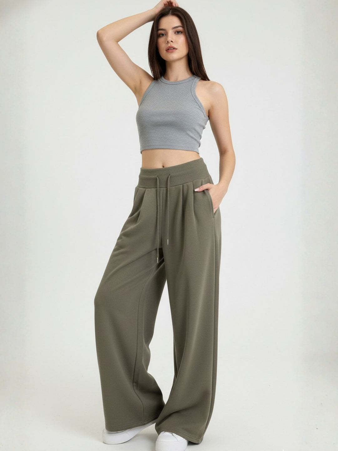 Khaki High Waist Barrel Style Double Pleated Sweatpant