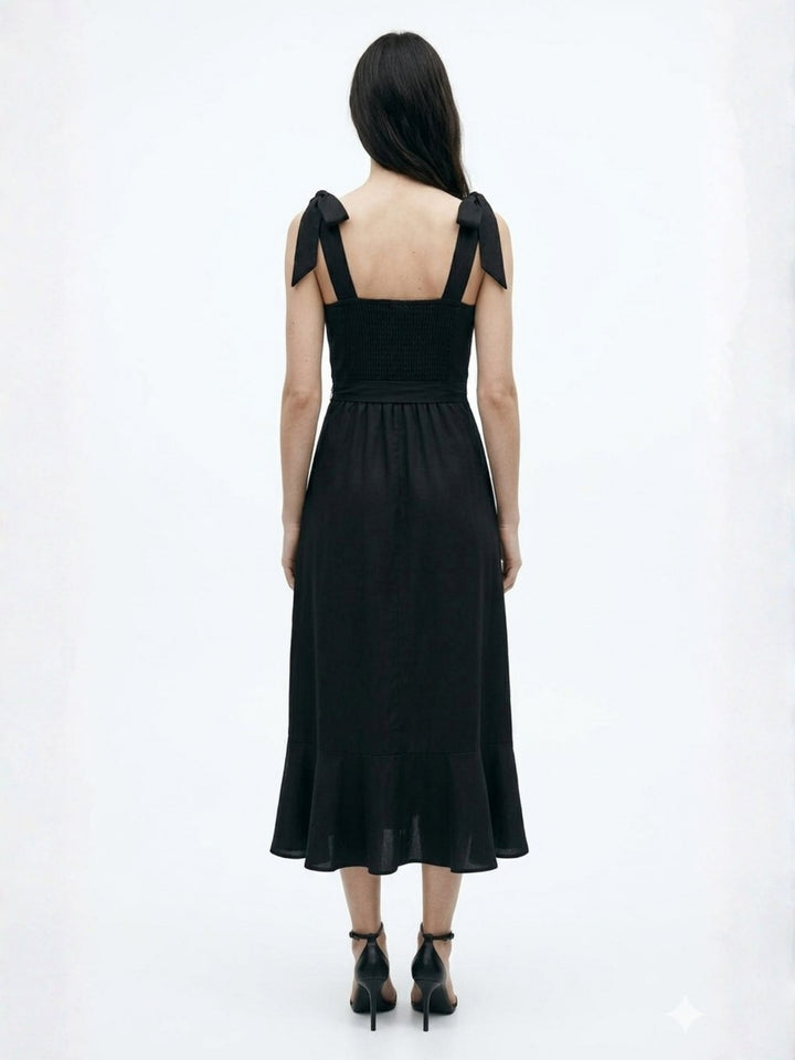 Black Shoulder Tie-Up Flare Dress