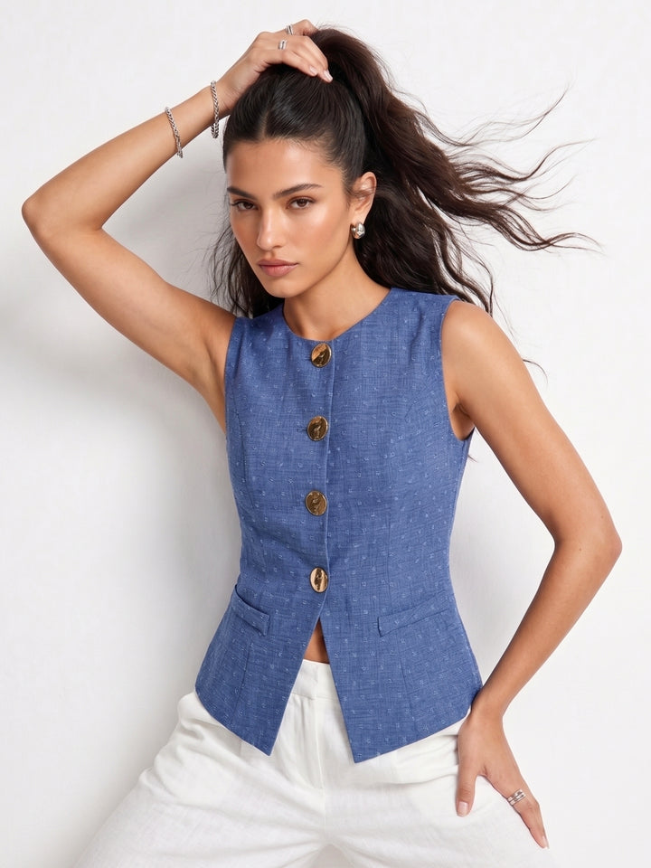 Blue Stylized Botton Printed Vest