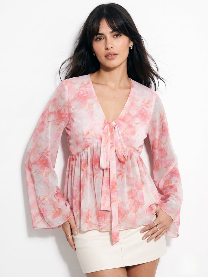 Pink Bell Sleeve Front Tie-Up Printed Top