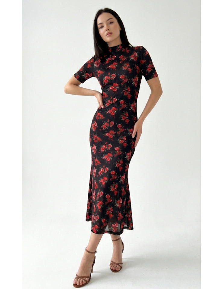 Black Short Sleeve Mock Neck Printed Dress