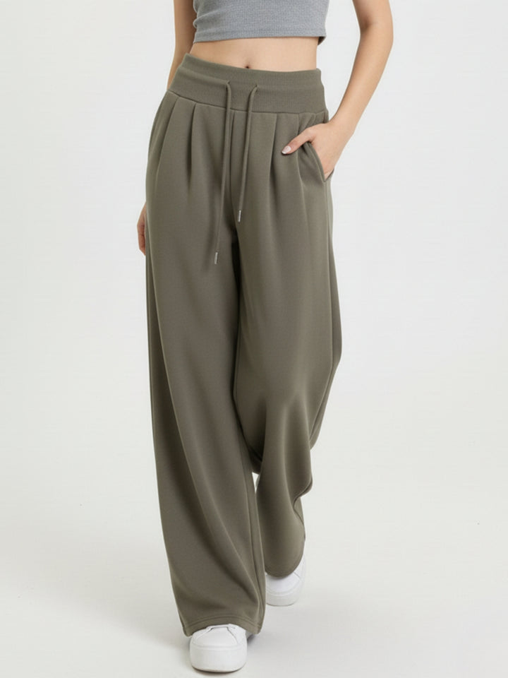 Khaki High Waist Barrel Style Double Pleated Sweatpant