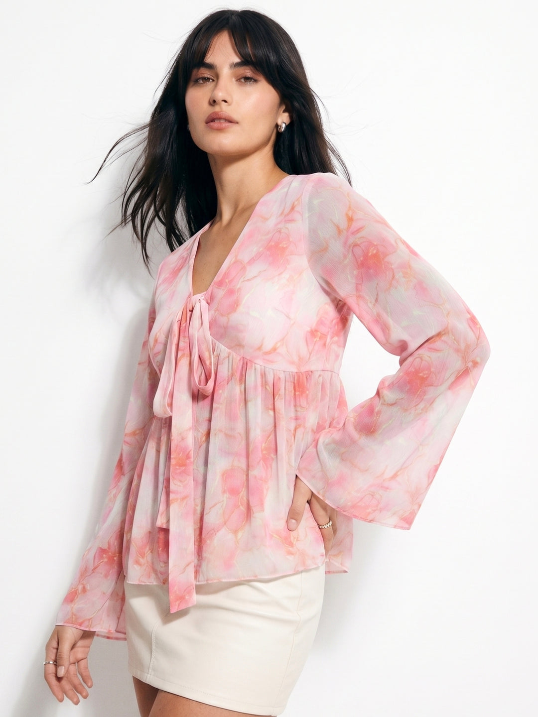 Pink Bell Sleeve Front Tie-Up Printed Top