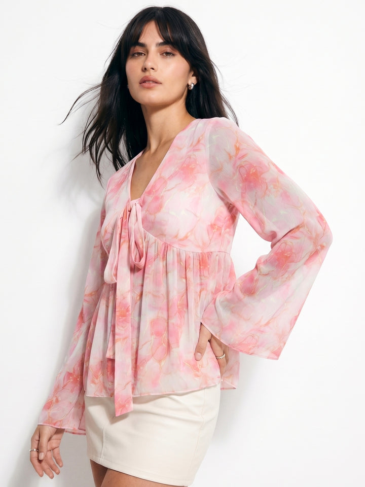 Pink Bell Sleeve Front Tie-Up Printed Top