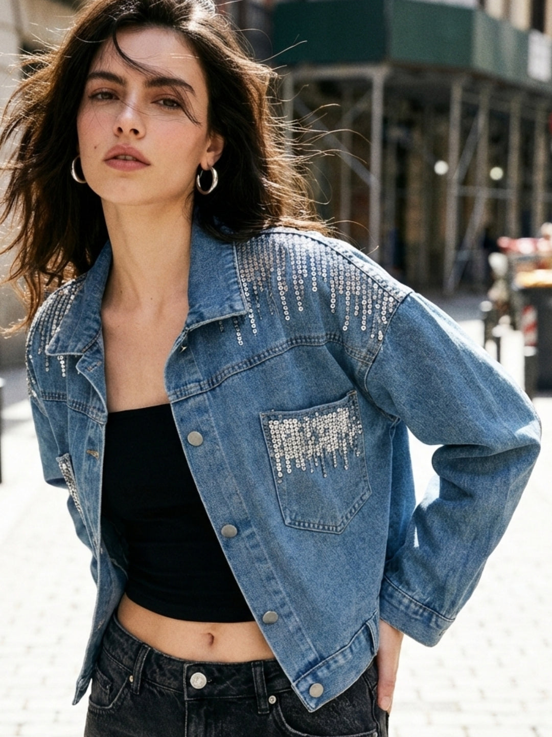 Light Blue Sequined Denim Jacket
