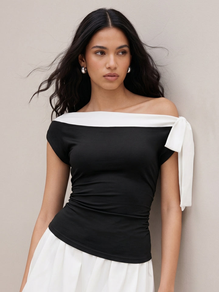Black One Shoulder Contrast Neckline Top