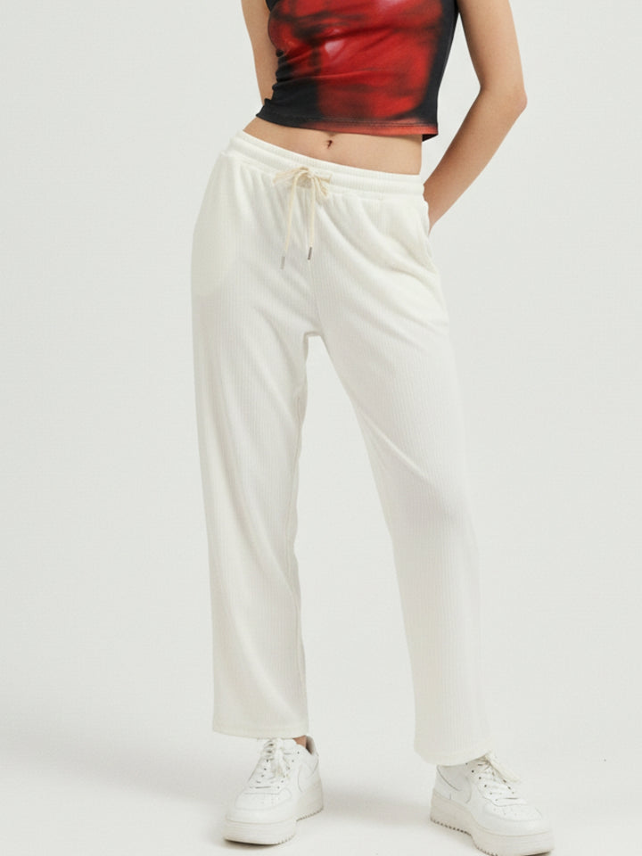 Solid White Textured Wide Leg Trouser
