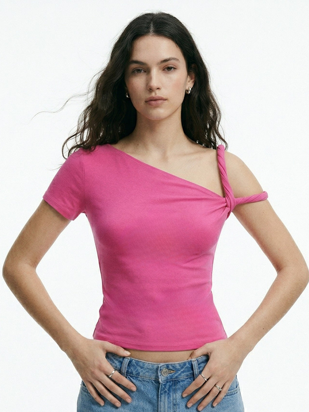 Pink One Shoulder Asymmetrical Neckline Top
