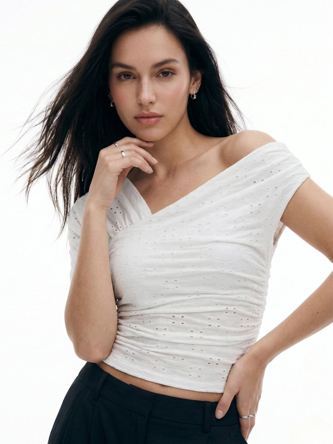 White One Shoulder Schiffli Top