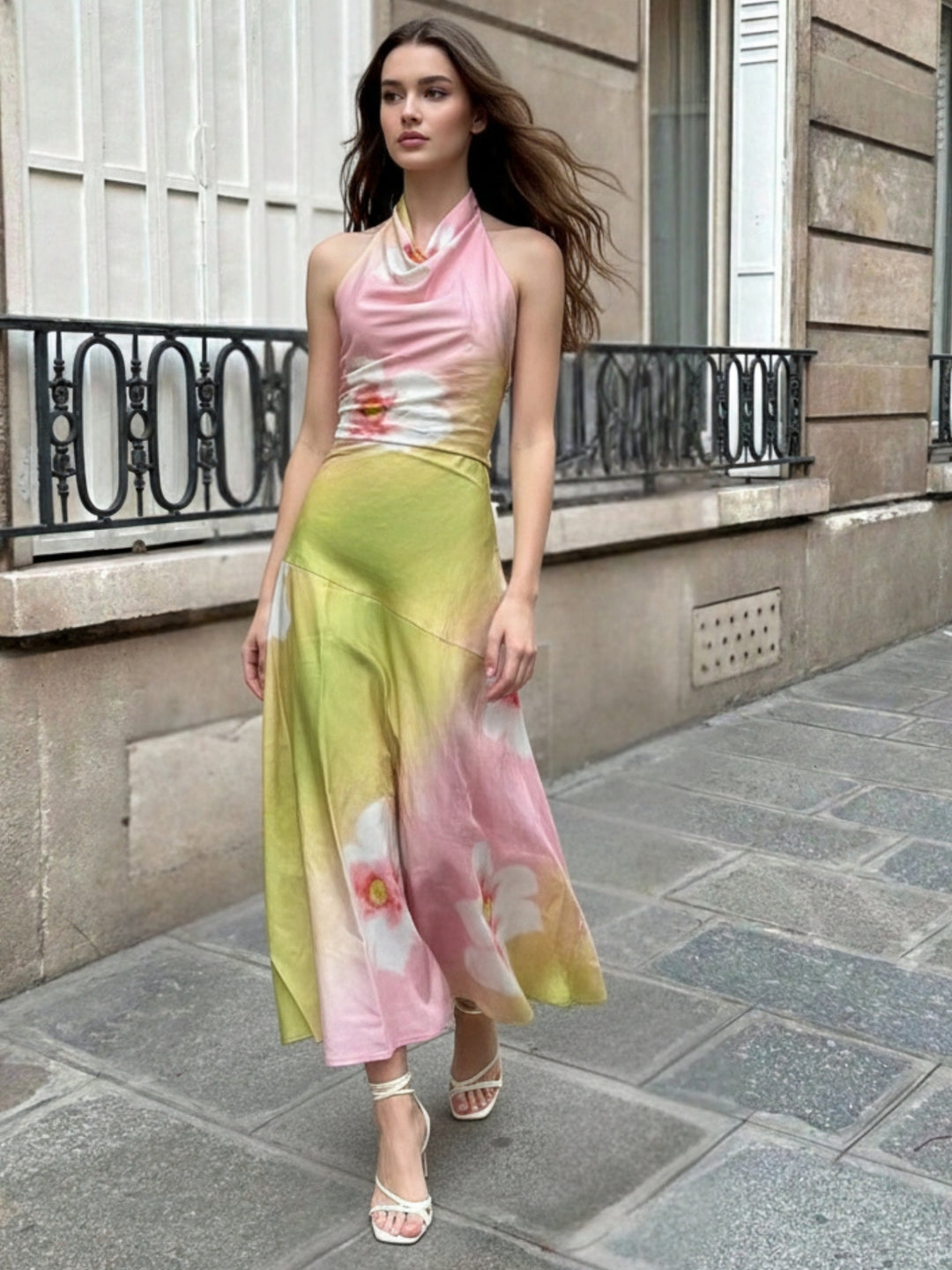 Green Halter Neck Floral Printed Dress