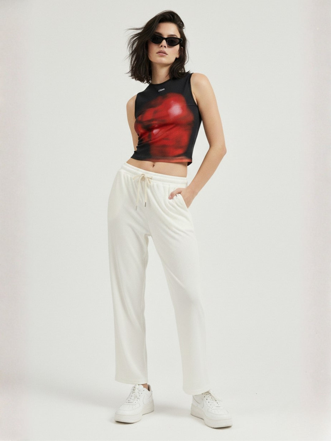 Solid White Textured Wide Leg Trouser