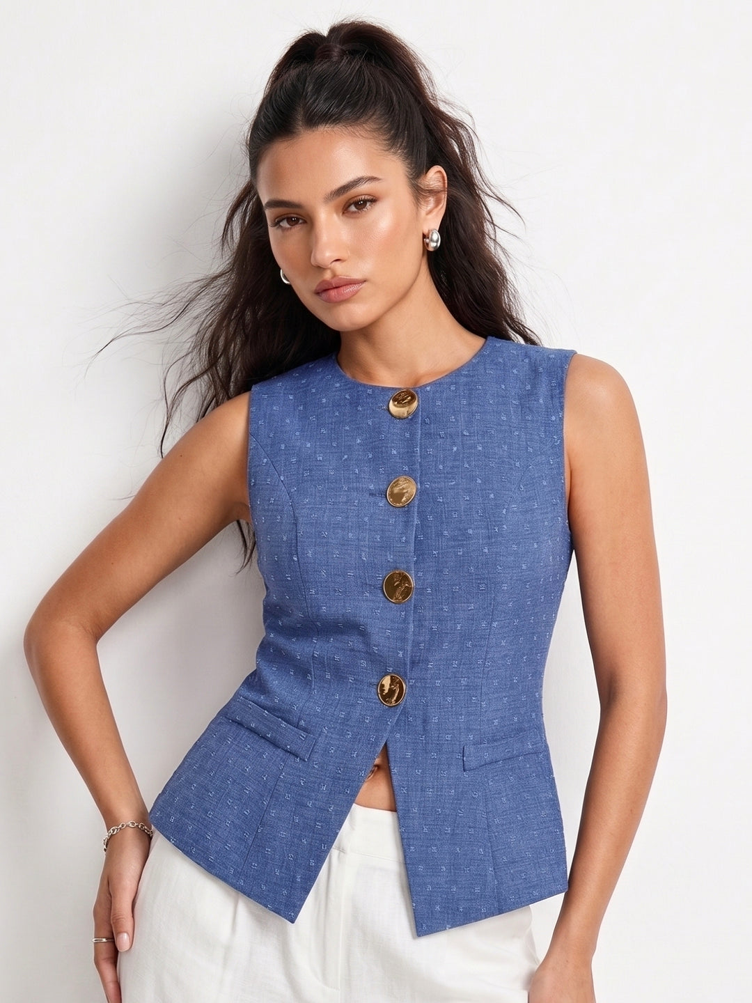 Blue Stylized Botton Printed Vest