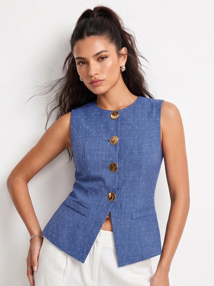 Blue Stylized Botton Printed Vest