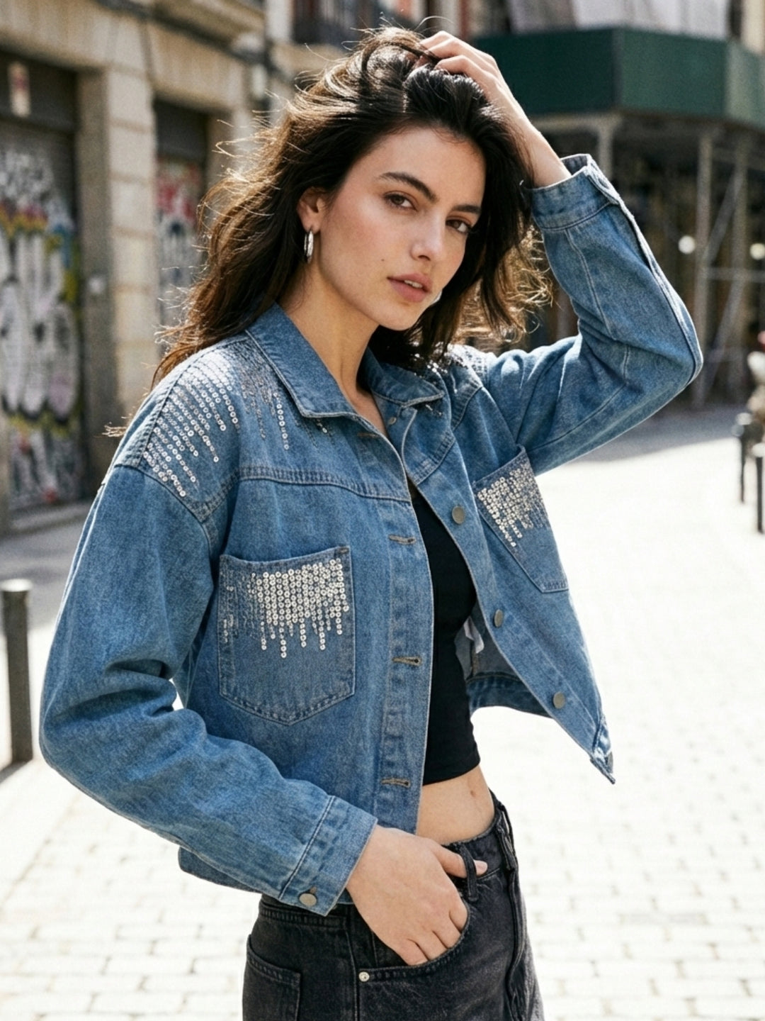 Light Blue Sequined Denim Jacket
