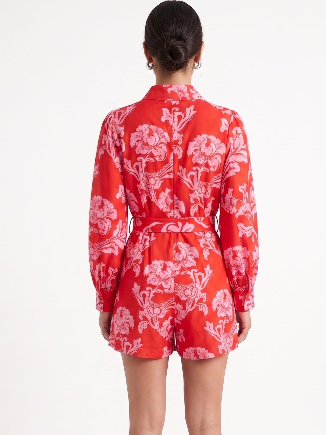 Pink Balloon Sleeve Collared Neck Printed Playsuits