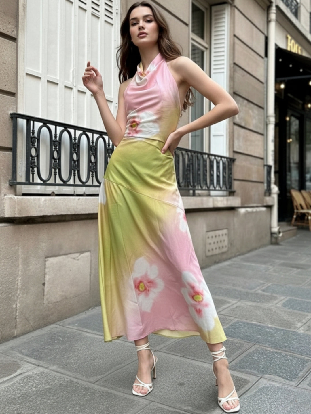 Green Halter Neck Floral Printed Dress