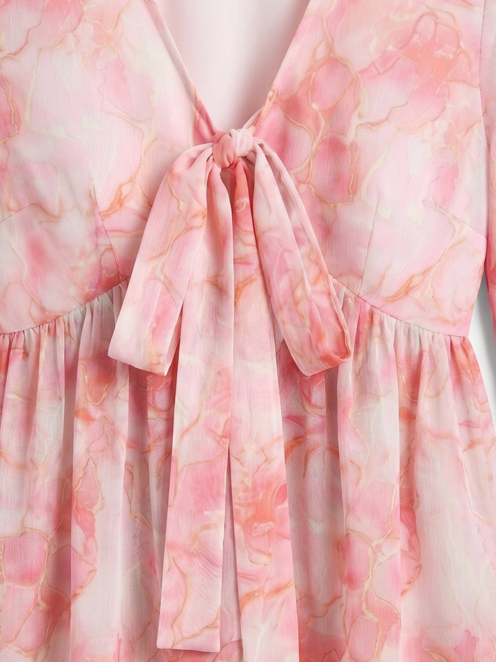 Pink Bell Sleeve Front Tie-Up Printed Top