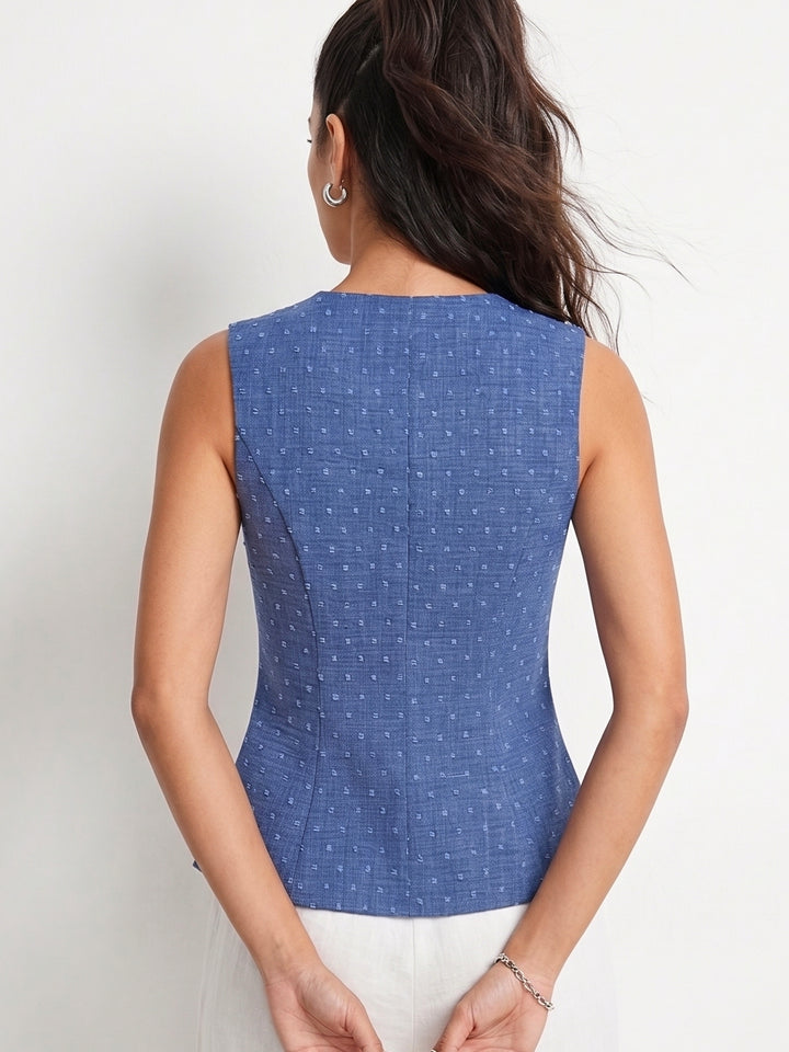 Blue Stylized Botton Printed Vest