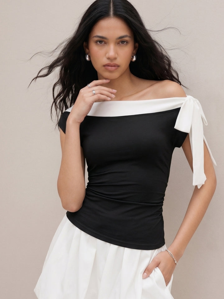 Black One Shoulder Contrast Neckline Top