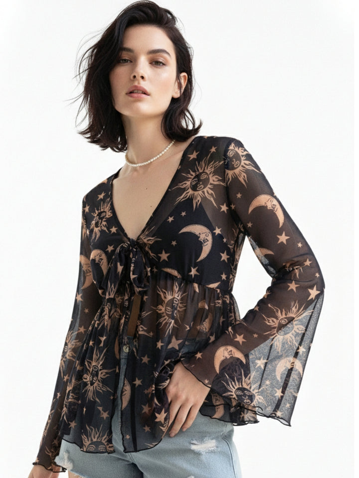 Black Bell Sleeve Front Tie-Up Printed Top