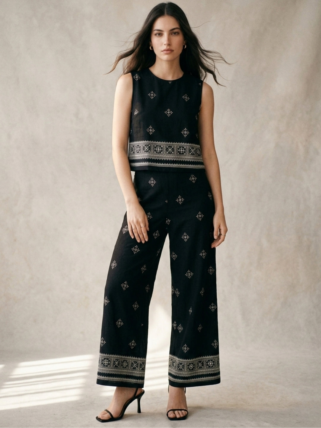 Black Placement Printed Top And Pant Co-Ord Set