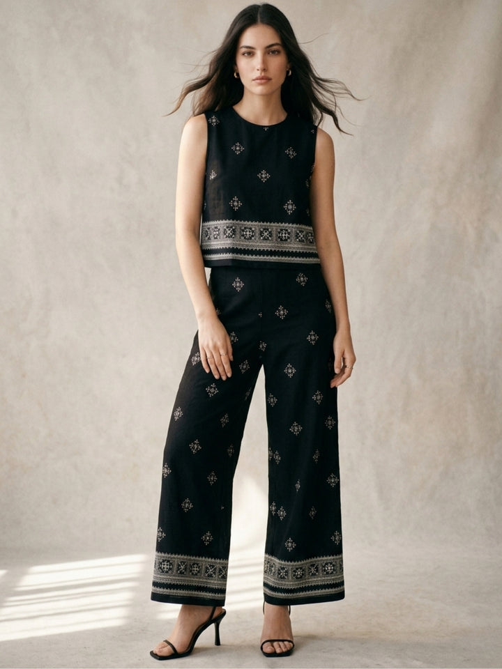 Black Placement Printed Top And Pant Co-Ord Set