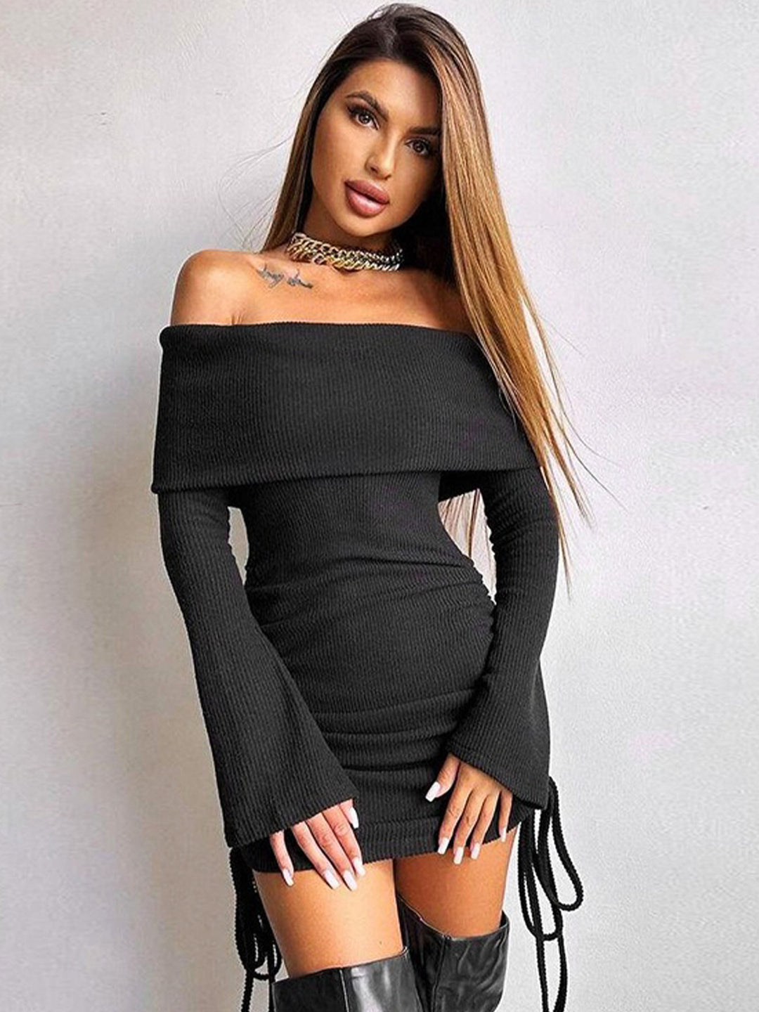 Black Off-Shoulder Dress With Bell Sleeves
