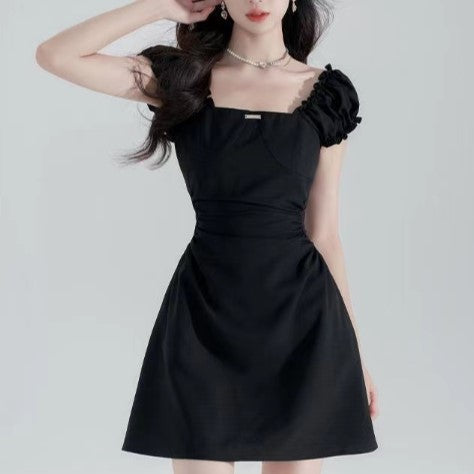 Black Mini Dress With Ruching At Waist