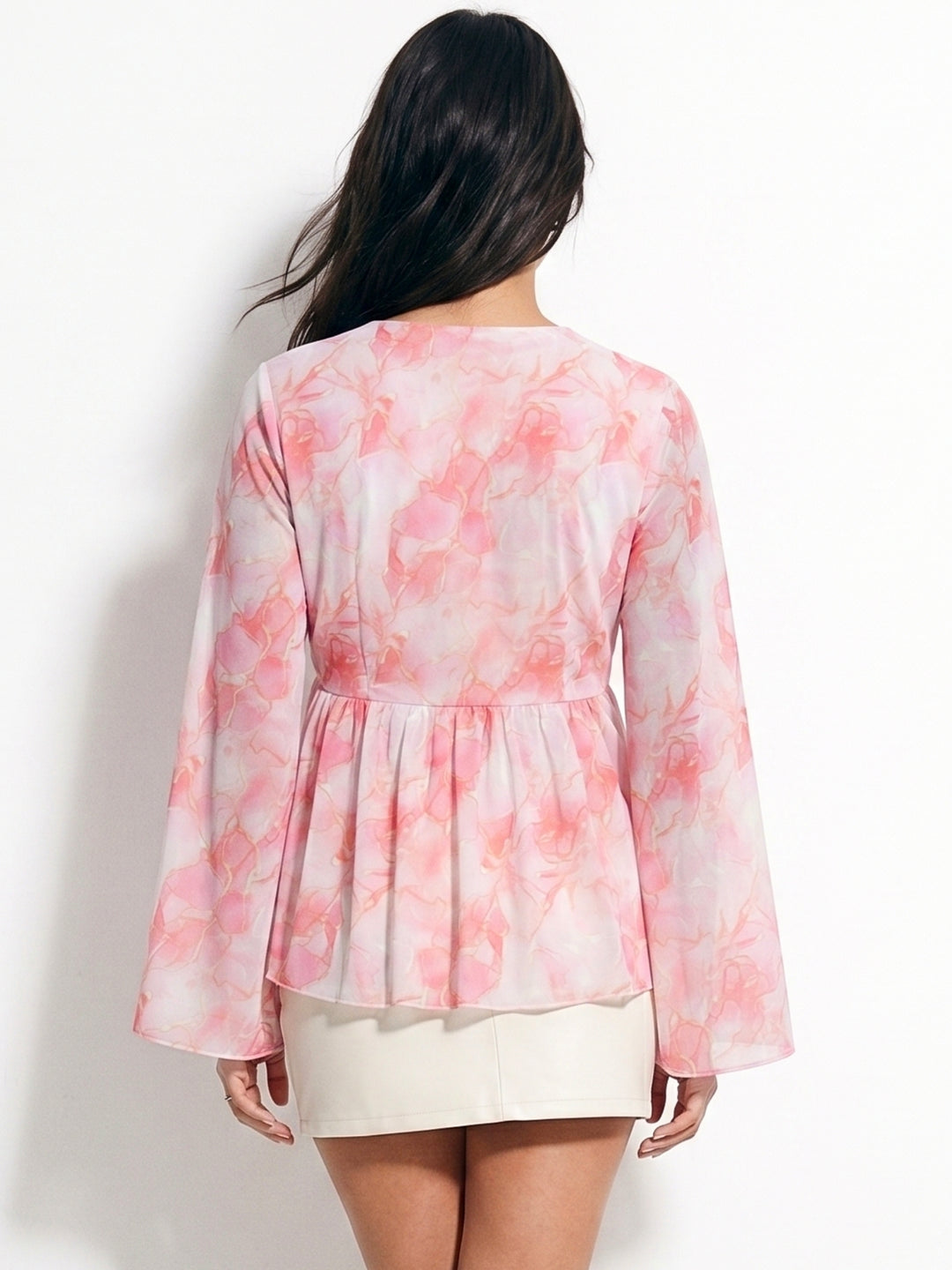 Pink Bell Sleeve Front Tie-Up Printed Top
