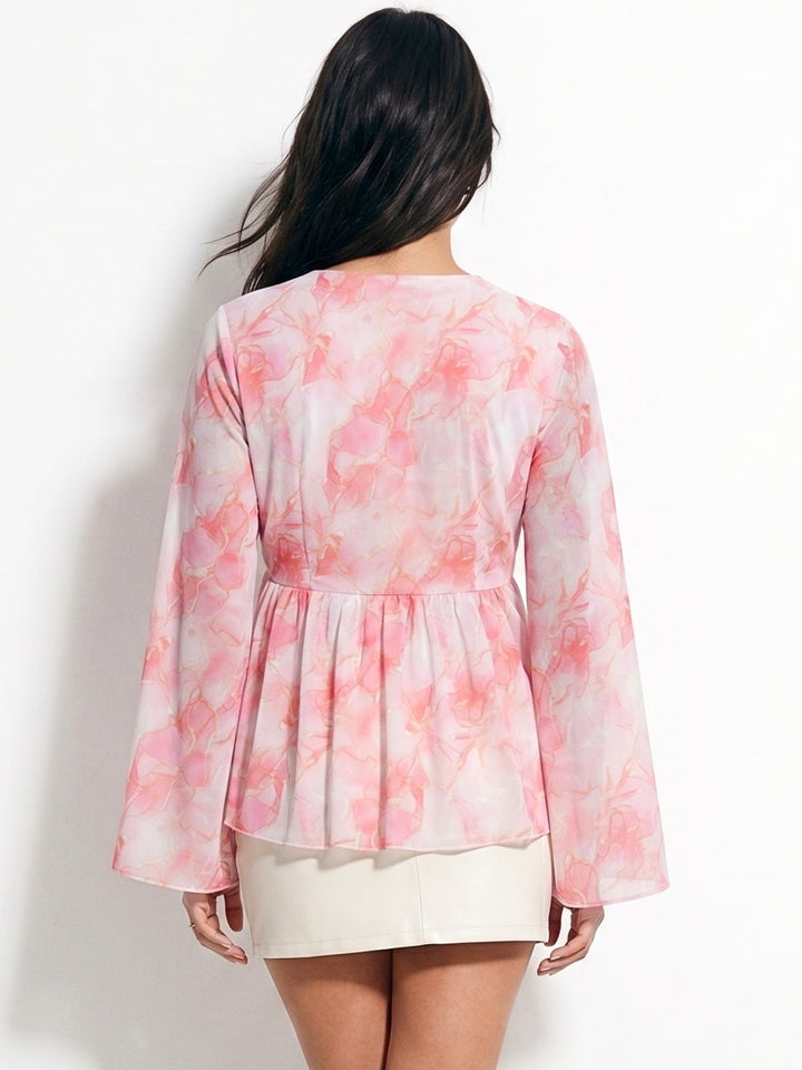 Pink Bell Sleeve Front Tie-Up Printed Top