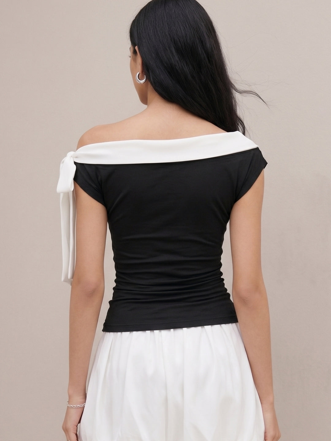 Black One Shoulder Contrast Neckline Top