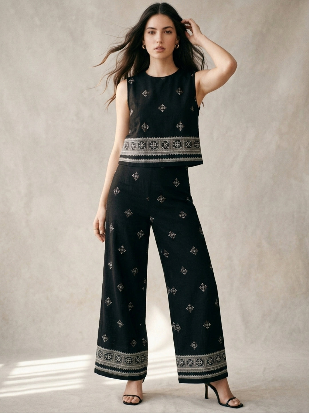 Black Placement Printed Top And Pant Co-Ord Set