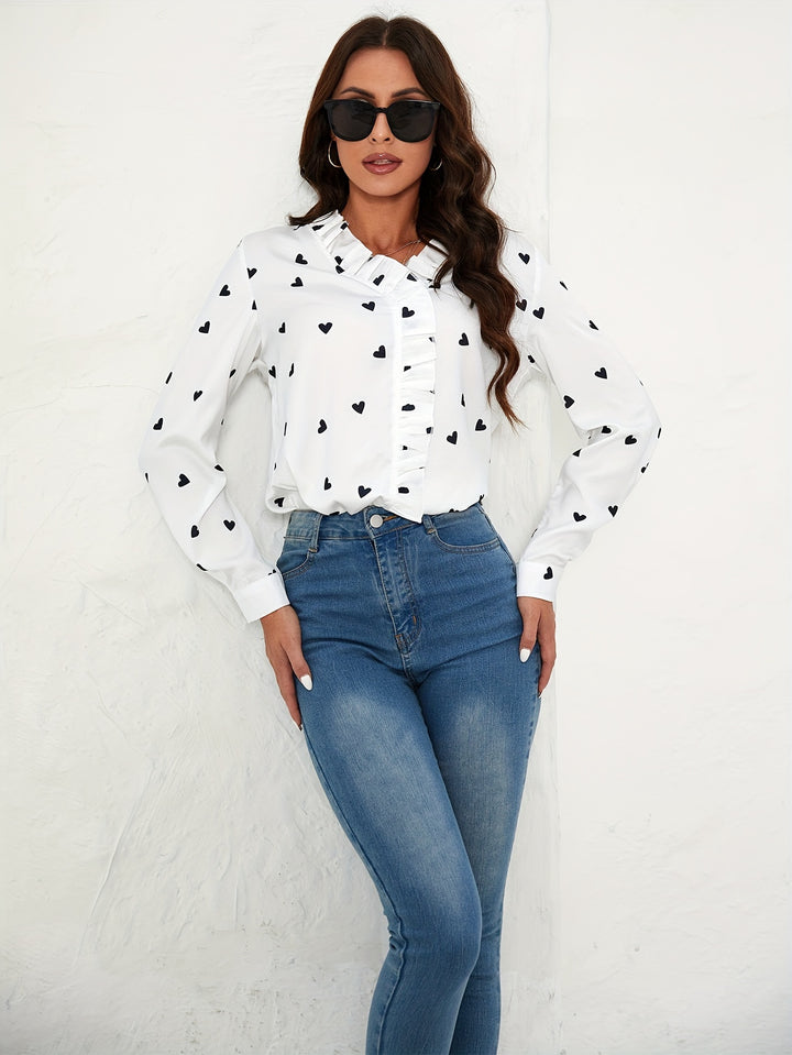 White Ruffle Heart Printed Top