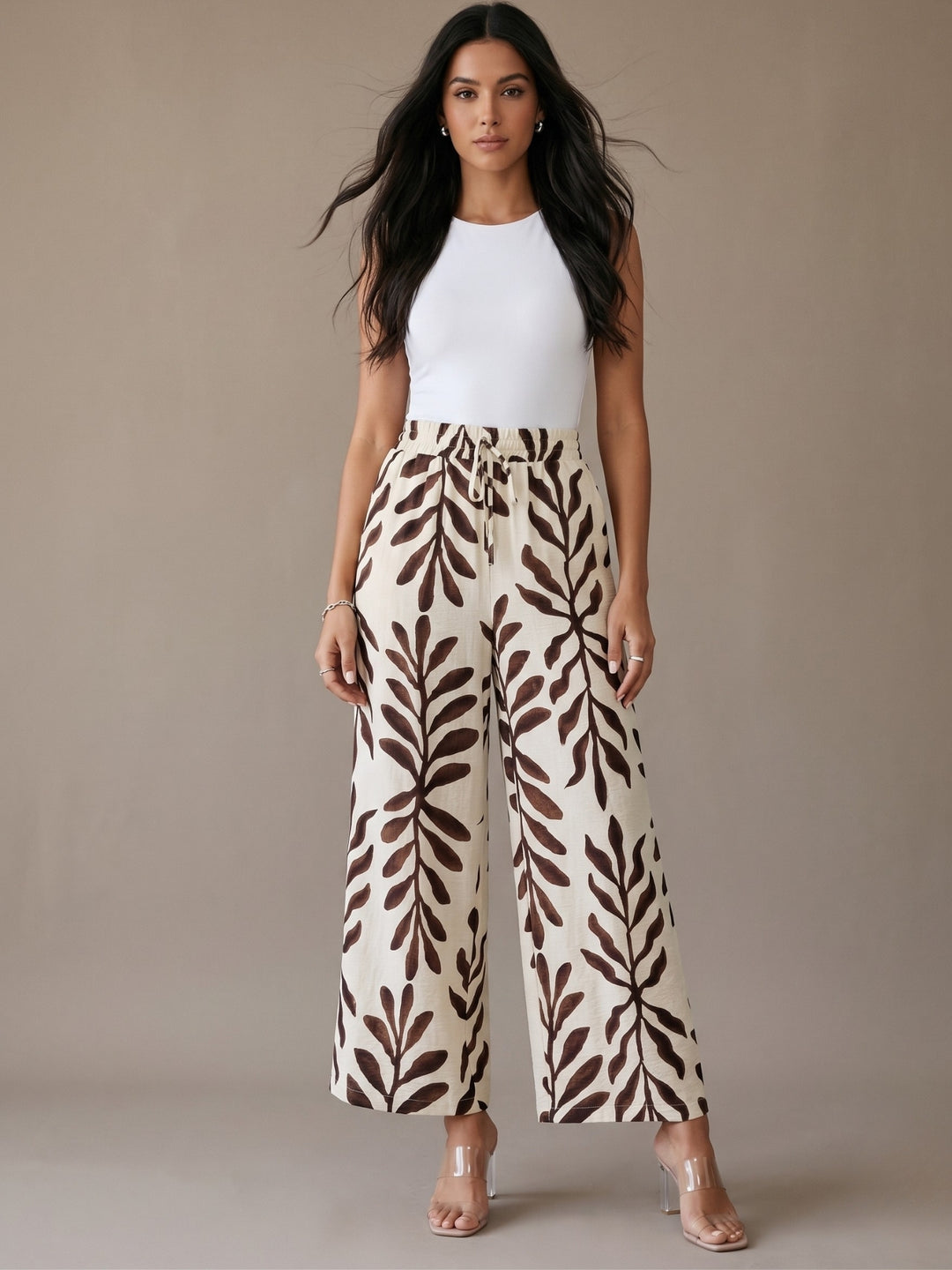 Cream High Waist Printed Pant