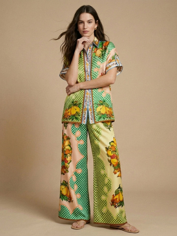 Green Abstract Print Shirt And Trouser Co-Ord Set