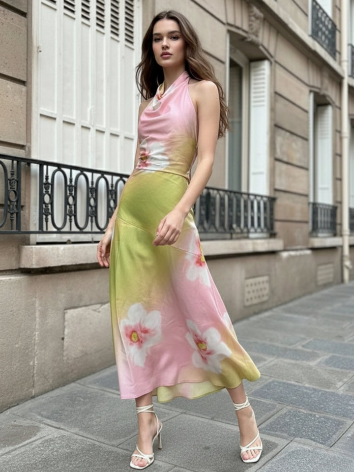 Green Halter Neck Floral Printed Dress