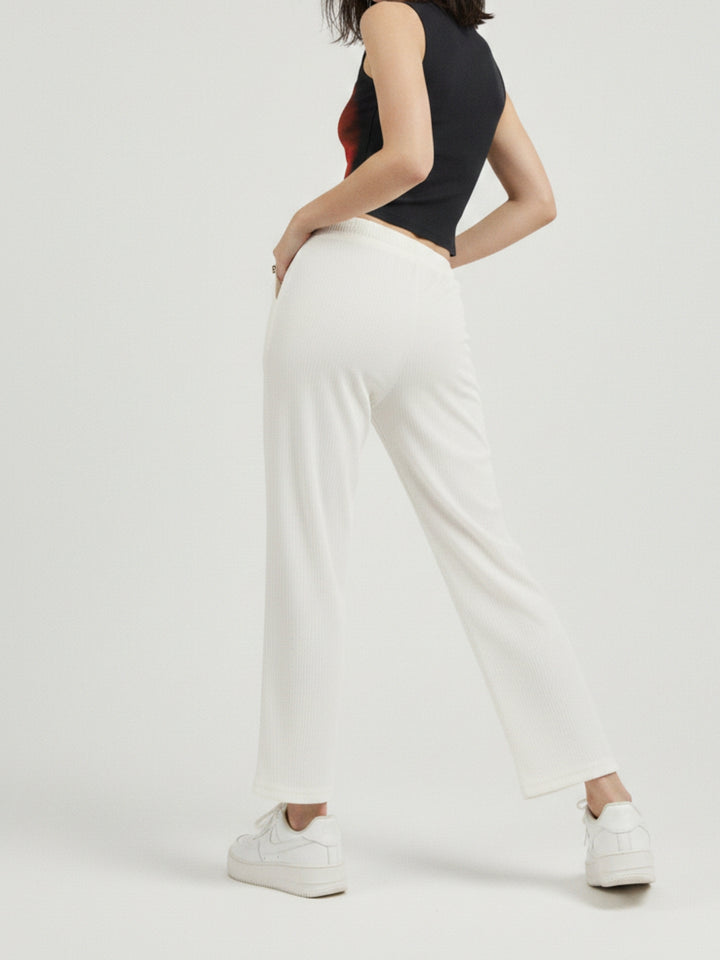 Solid White Textured Wide Leg Trouser
