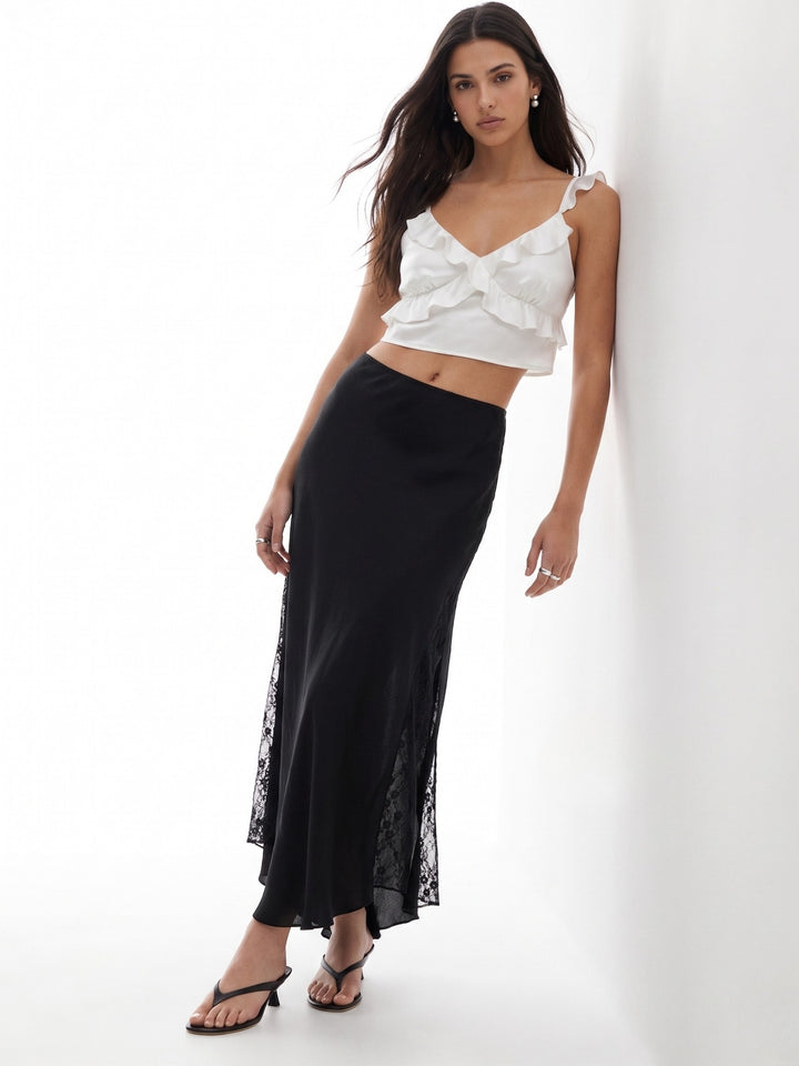 Black Lace Detail Flared Skirt