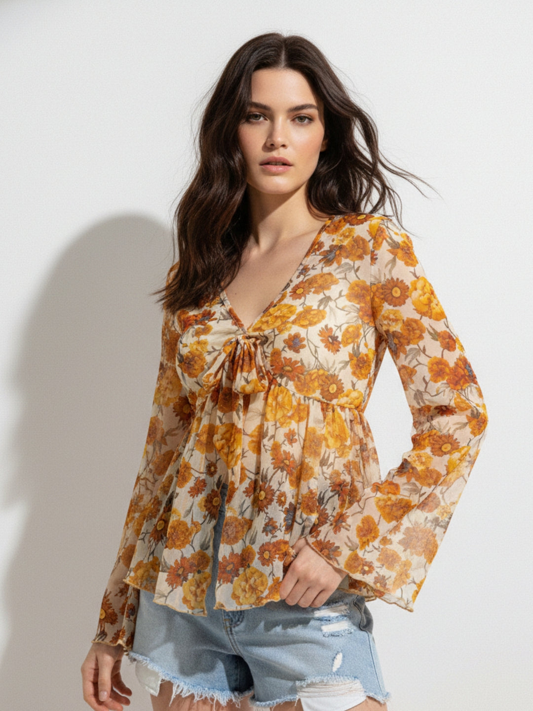 Yellow Bell Sleeve Front Tie-Up Printed Top