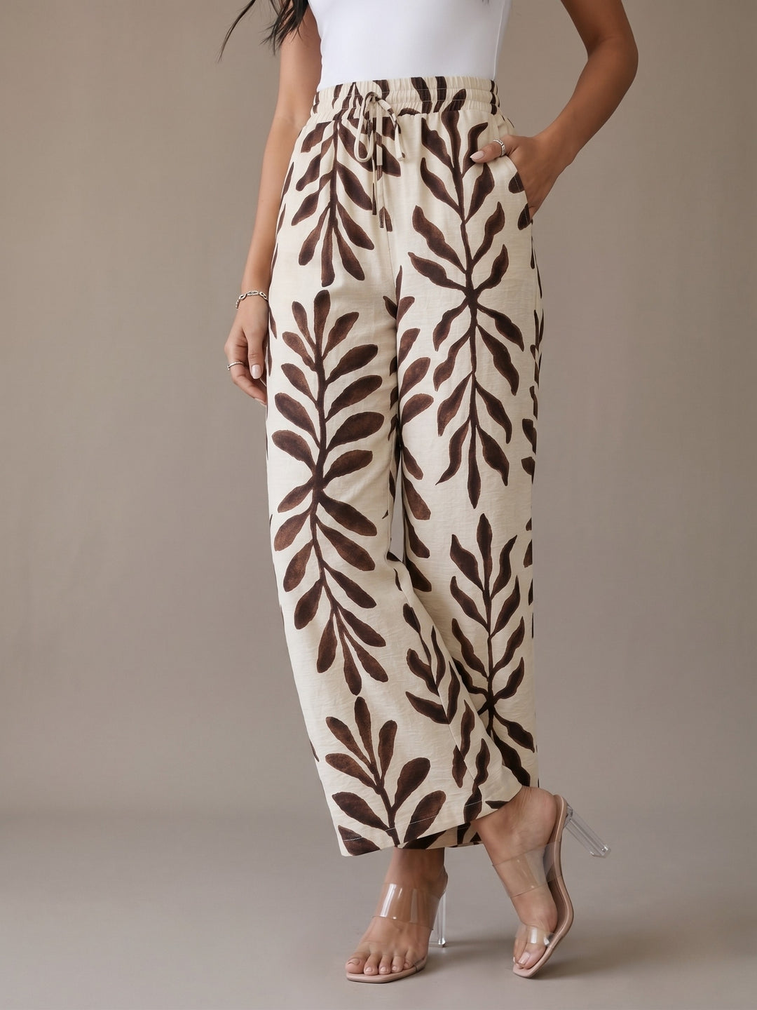Cream High Waist Printed Pant