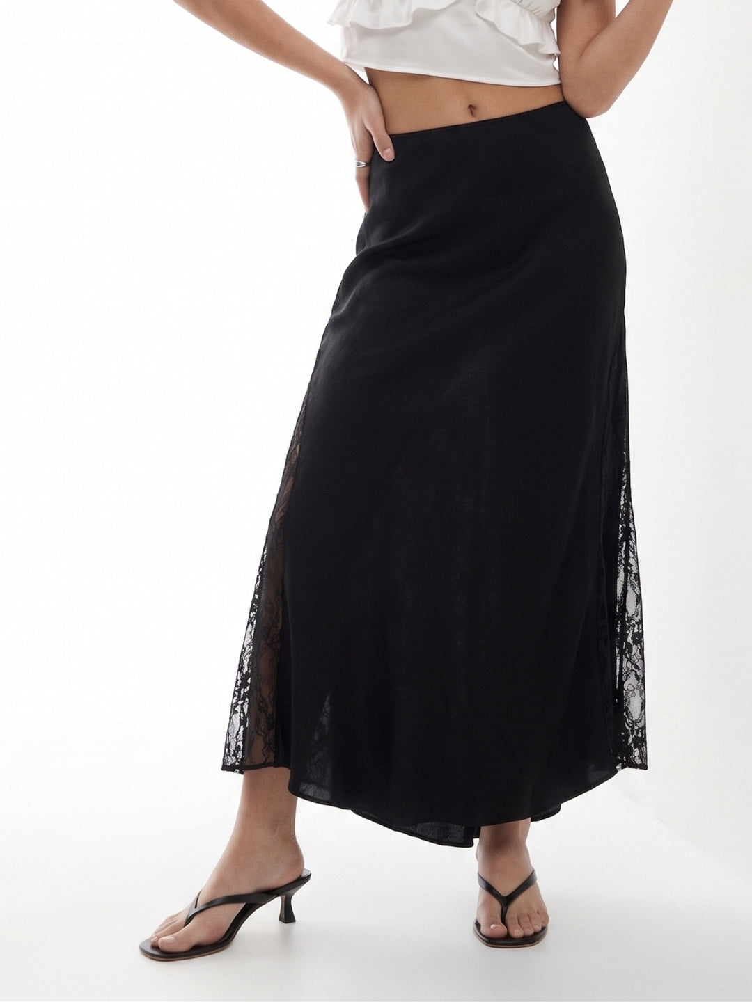 Black Lace Detail Flared Skirt