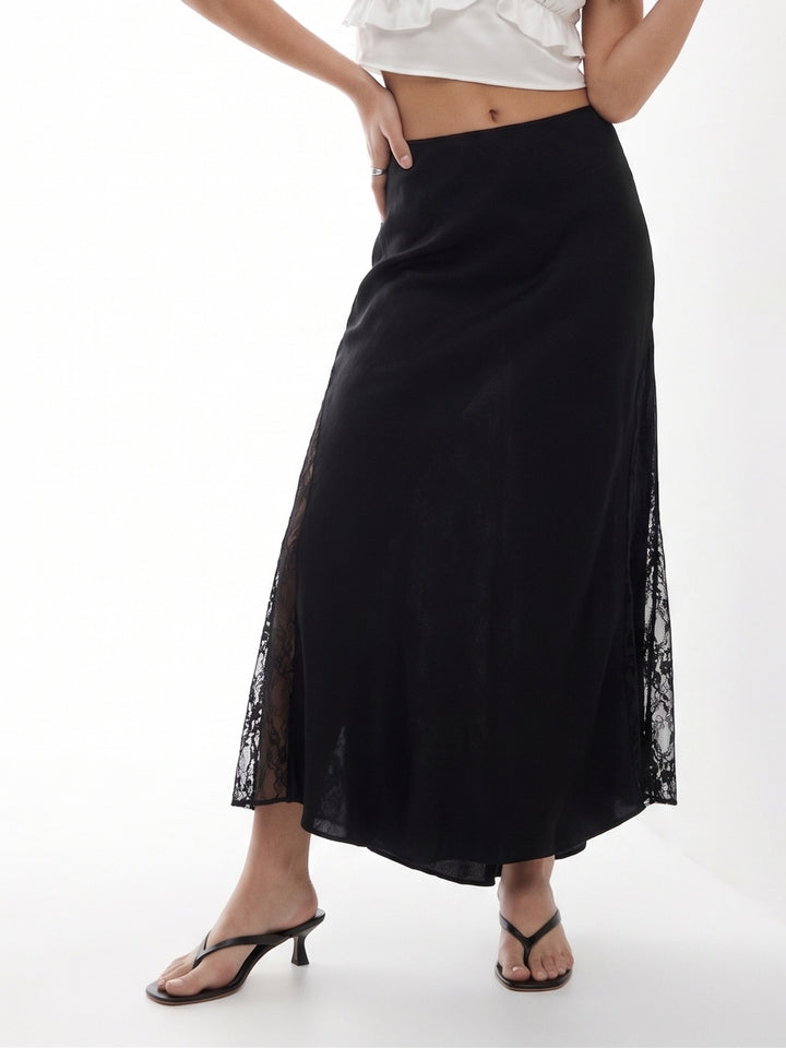 Black Lace Detail Flared Skirt