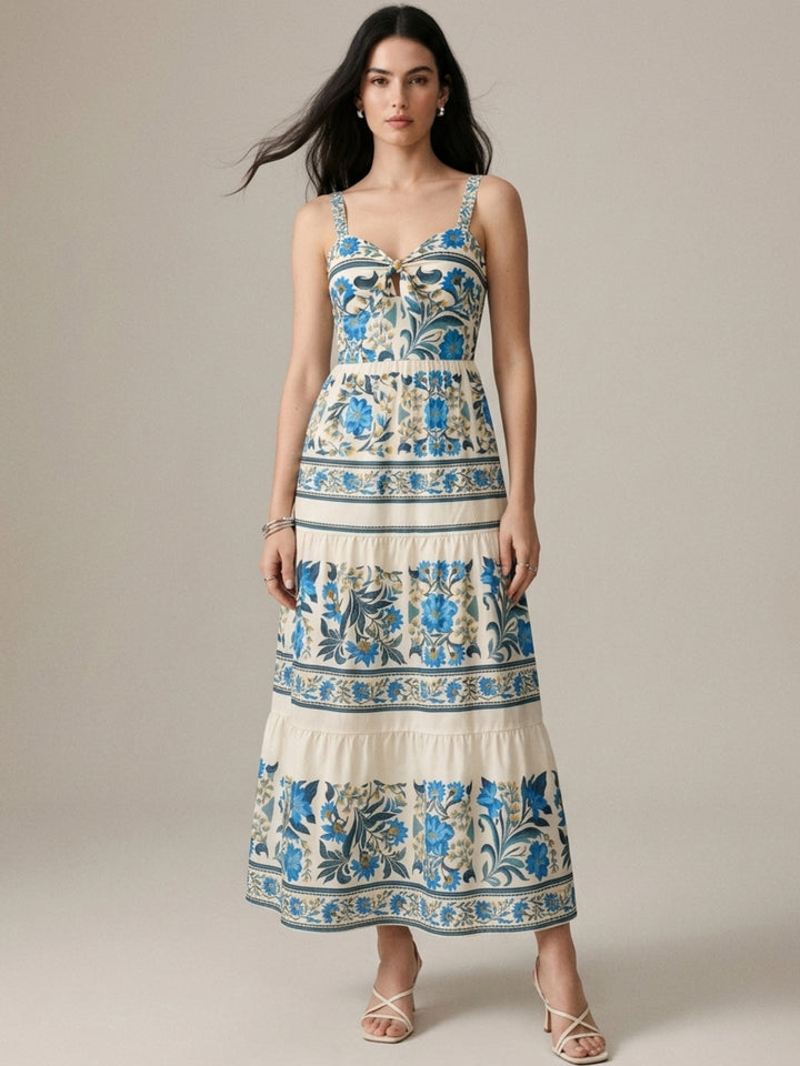 Blue Spaghetti Strap Printed Dress