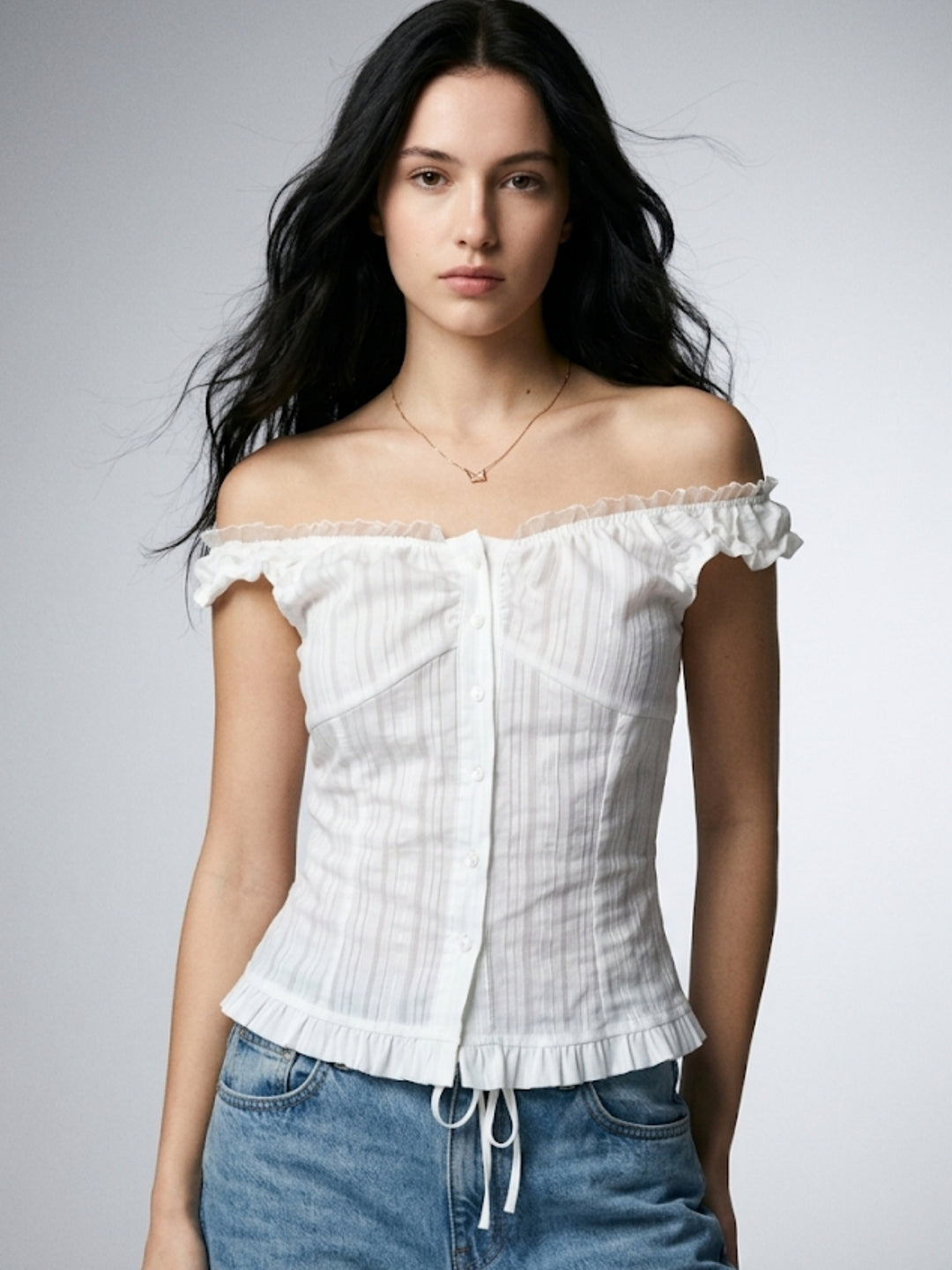 White Off Shoulder Ruffle Hem Shirt