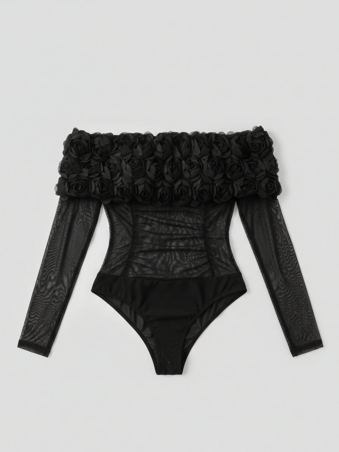 Black Off Shoulder 3D Floral Mesh Top