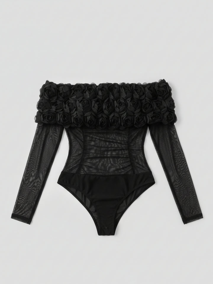 Black Off Shoulder 3D Floral Mesh Top
