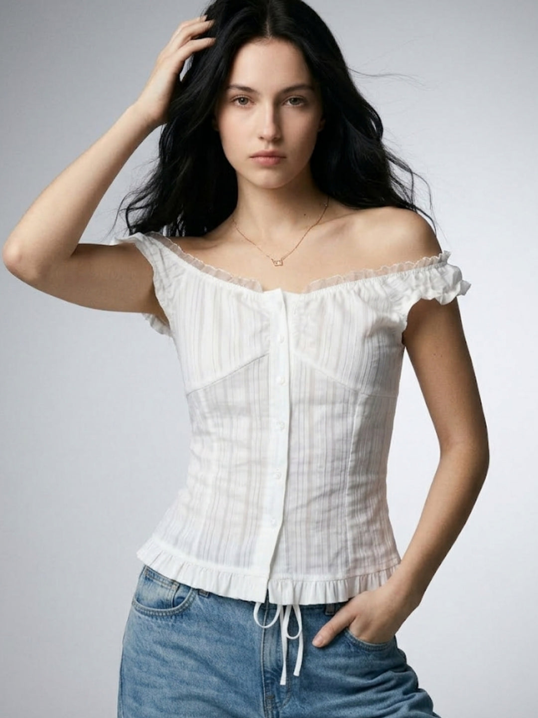 White Off Shoulder Ruffle Hem Shirt