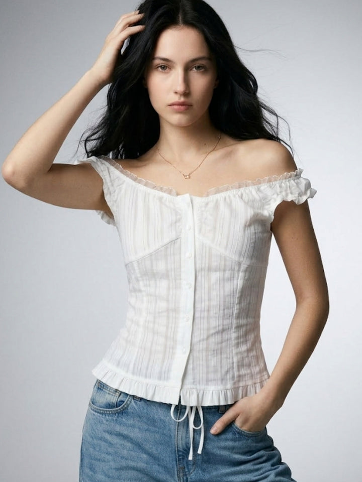 White Off Shoulder Ruffle Hem Shirt